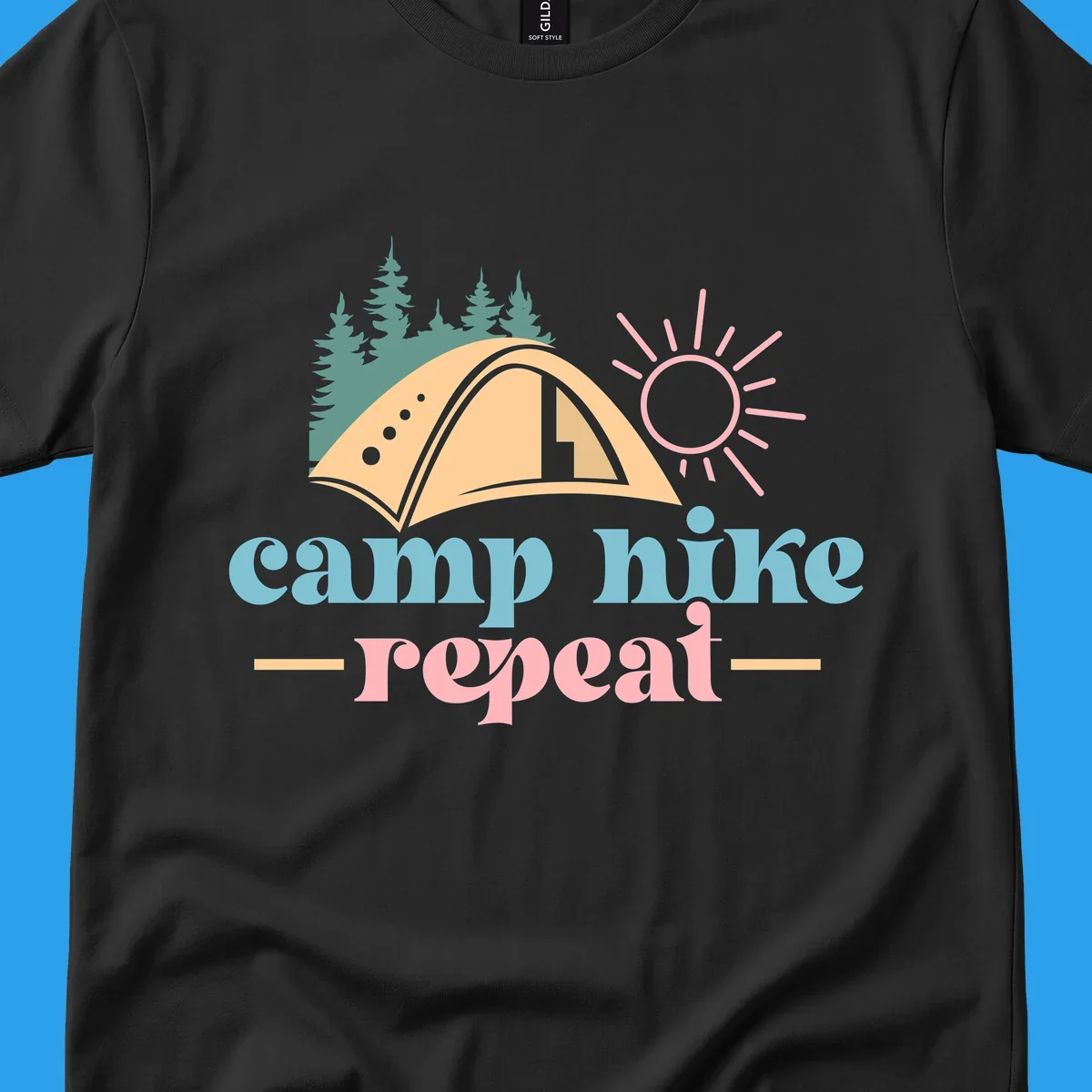 Camp hike repeat graphic with tent, trees, and sun.