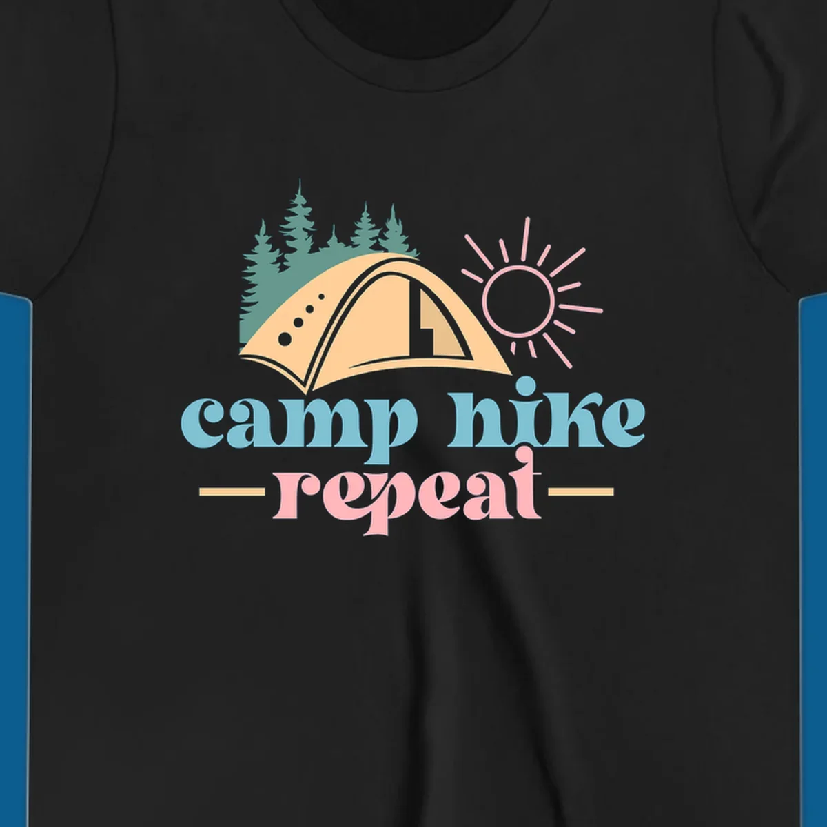 Camp hike repeat graphic with tent, trees, and sun.