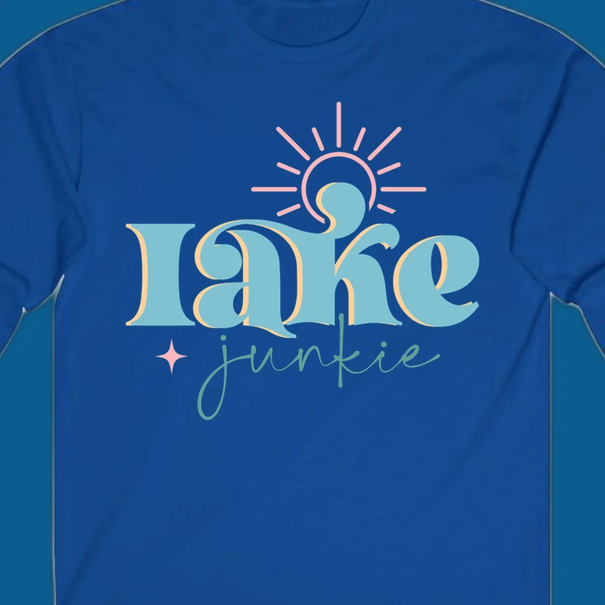 Retro typography design featuring 'lake junkie' with sun and starburst elements, for the lake-junkie-retro concept.