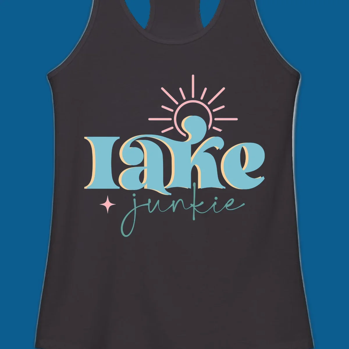 Retro typography design featuring 'lake junkie' with sun and starburst elements, for the lake-junkie-retro concept.