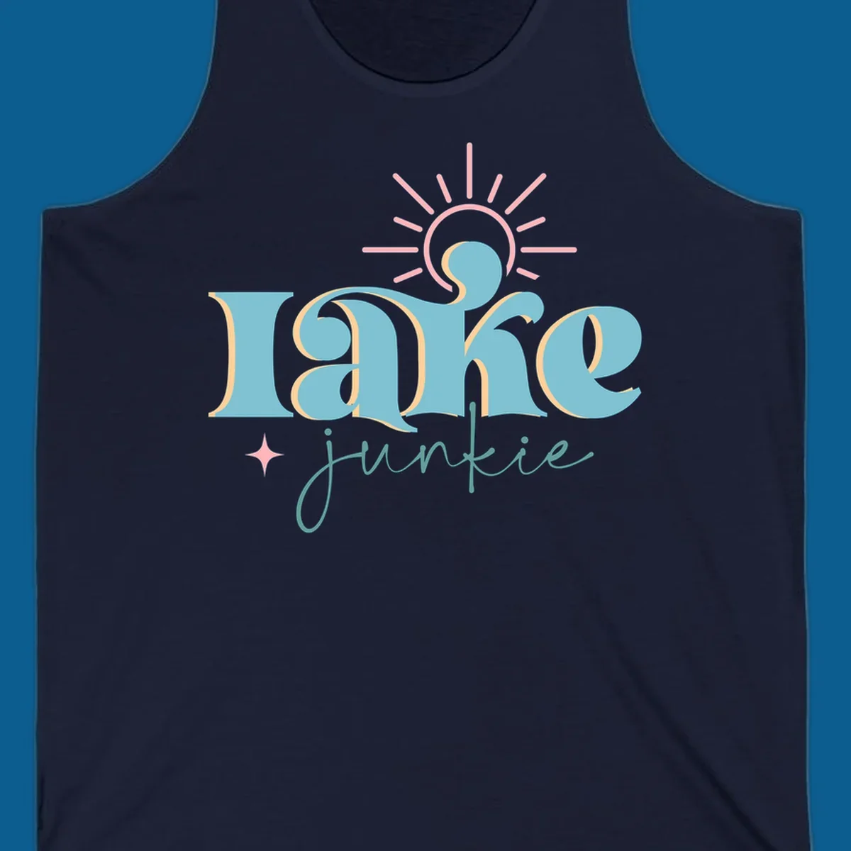 Retro typography design featuring 'lake junkie' with sun and starburst elements, for the lake-junkie-retro concept.