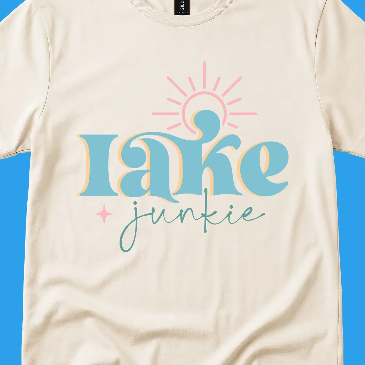 Retro typography design featuring 'lake junkie' with sun and starburst elements, for the lake-junkie-retro concept.