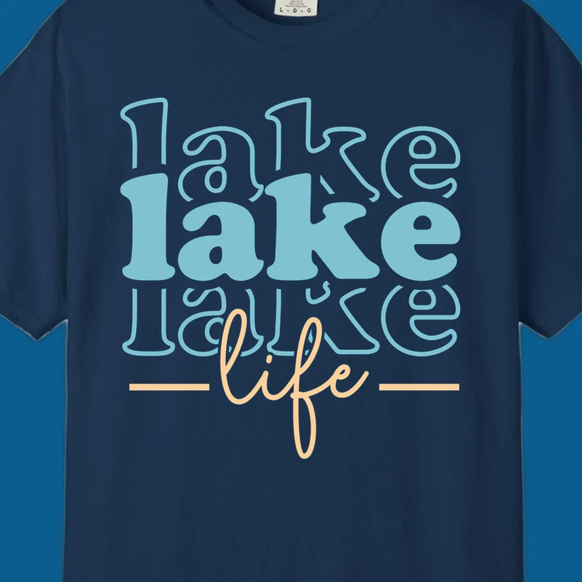 Retro lake life typography design with layered text in blue and peach.