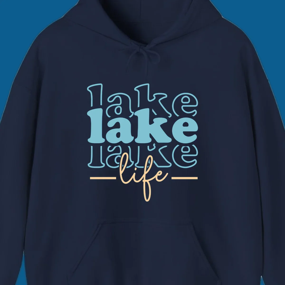 Retro lake life typography design with layered text in blue and peach.