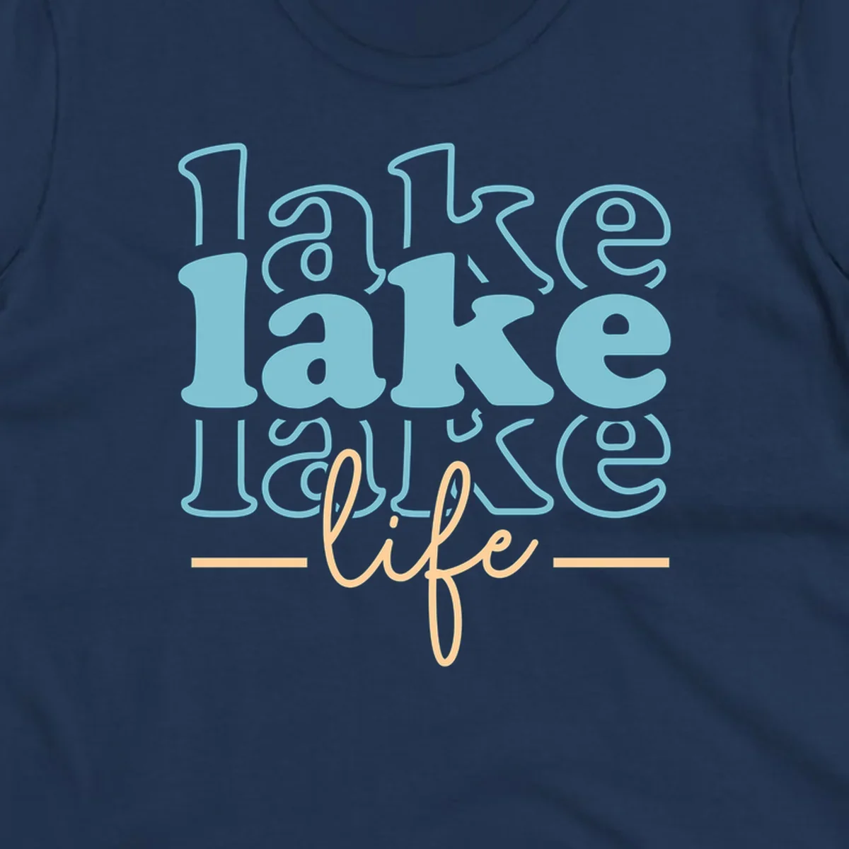 Retro lake life typography design with layered text in blue and peach.
