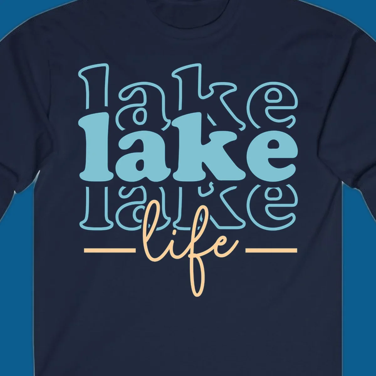 Retro lake life typography design with layered text in blue and peach.