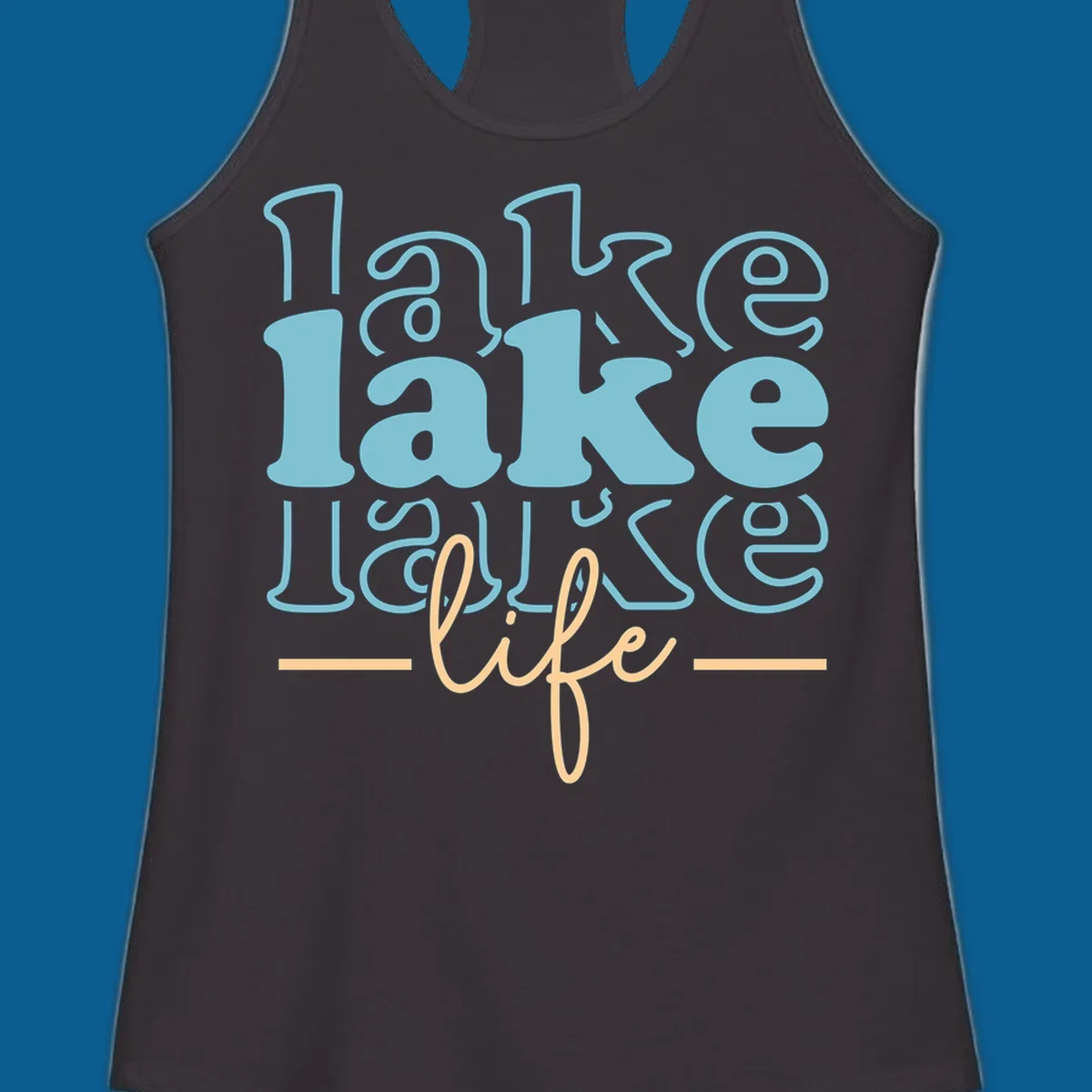 Retro lake life typography design with layered text in blue and peach.