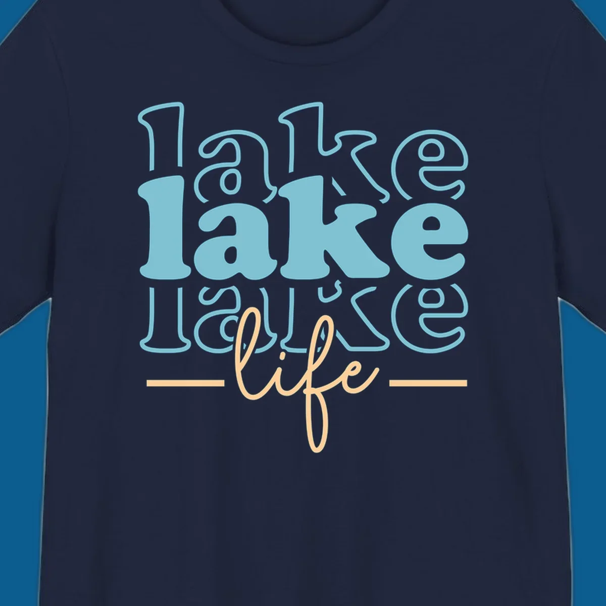 Retro lake life typography design with layered text in blue and peach.