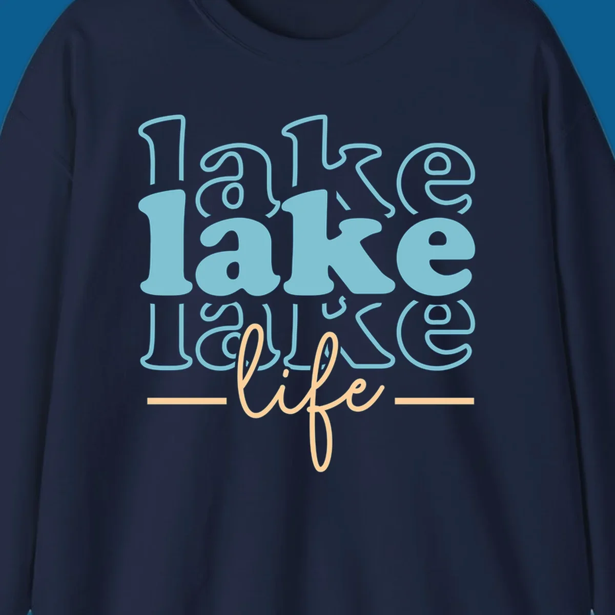 Retro lake life typography design with layered text in blue and peach.