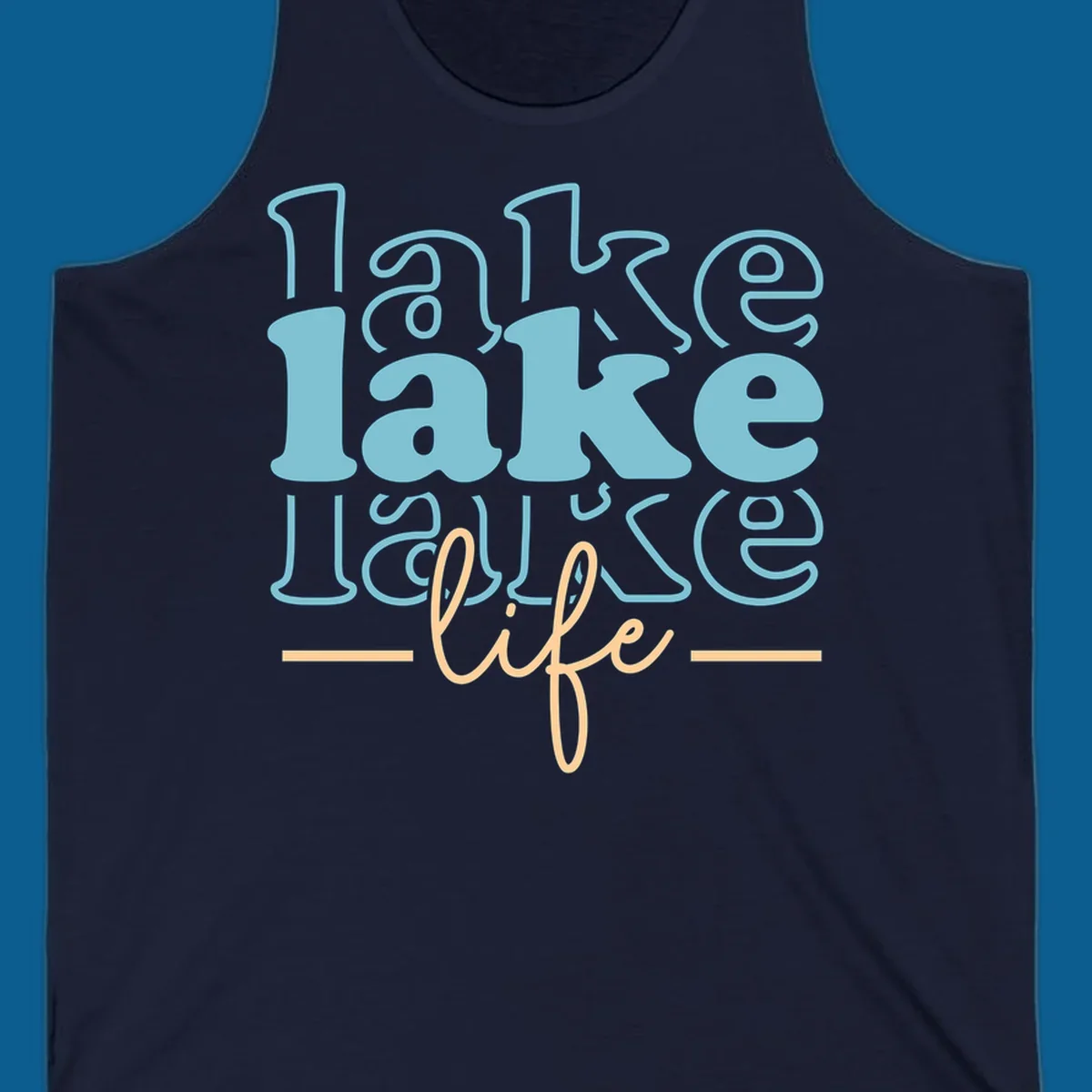 Retro lake life typography design with layered text in blue and peach.