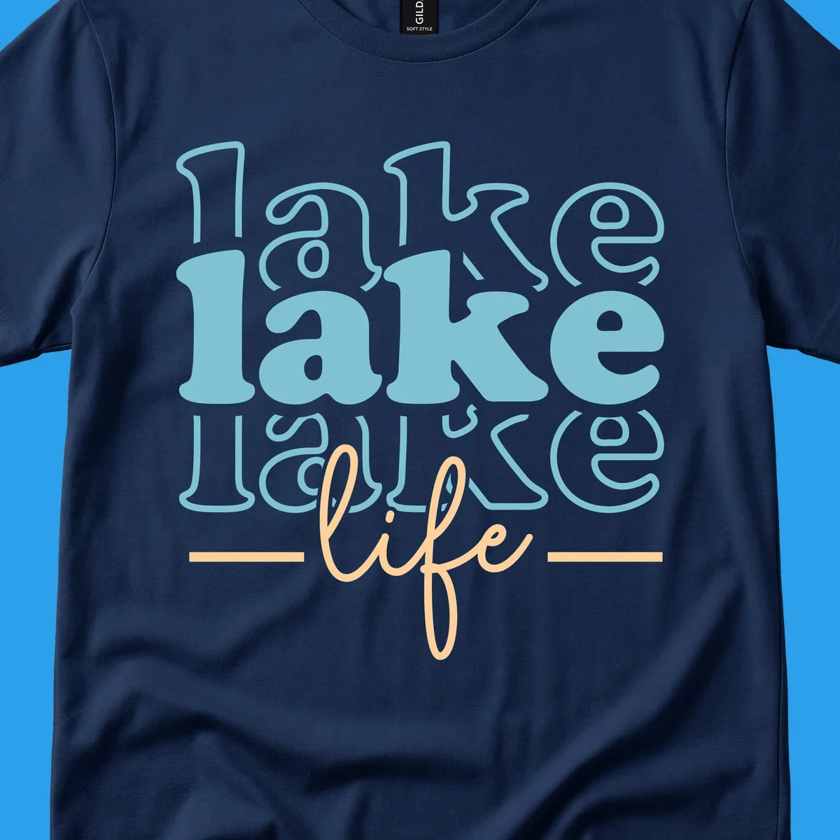 Retro lake life typography design with layered text in blue and peach.