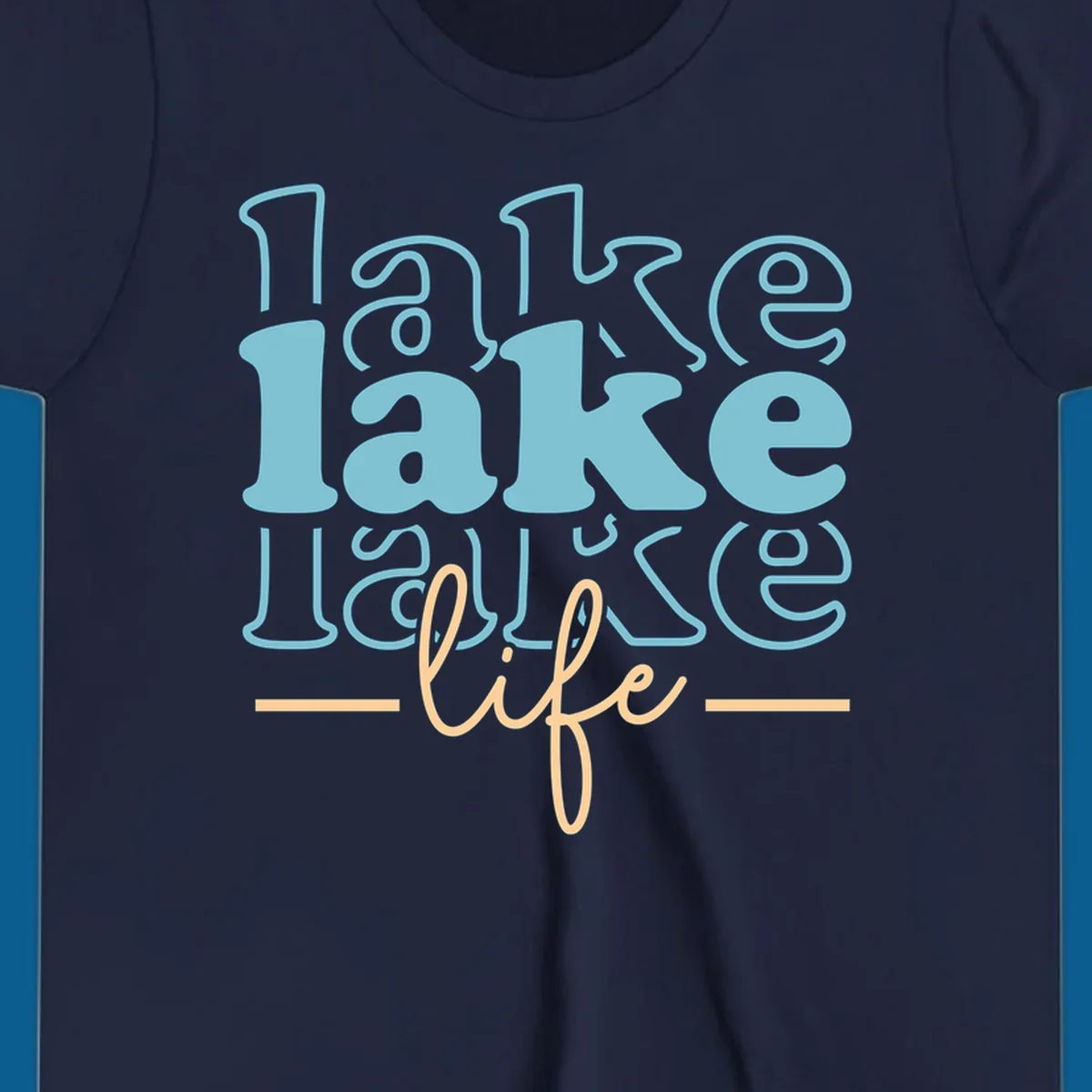 Retro lake life typography design with layered text in blue and peach.