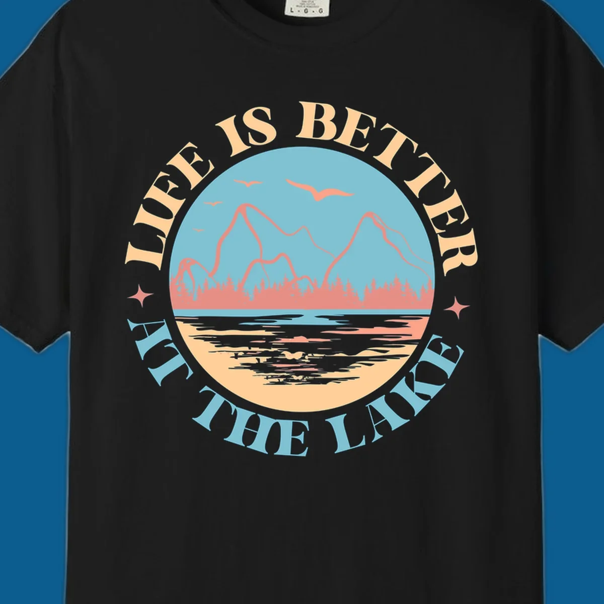 Life at the lake scenic mountain lake graphic with text.