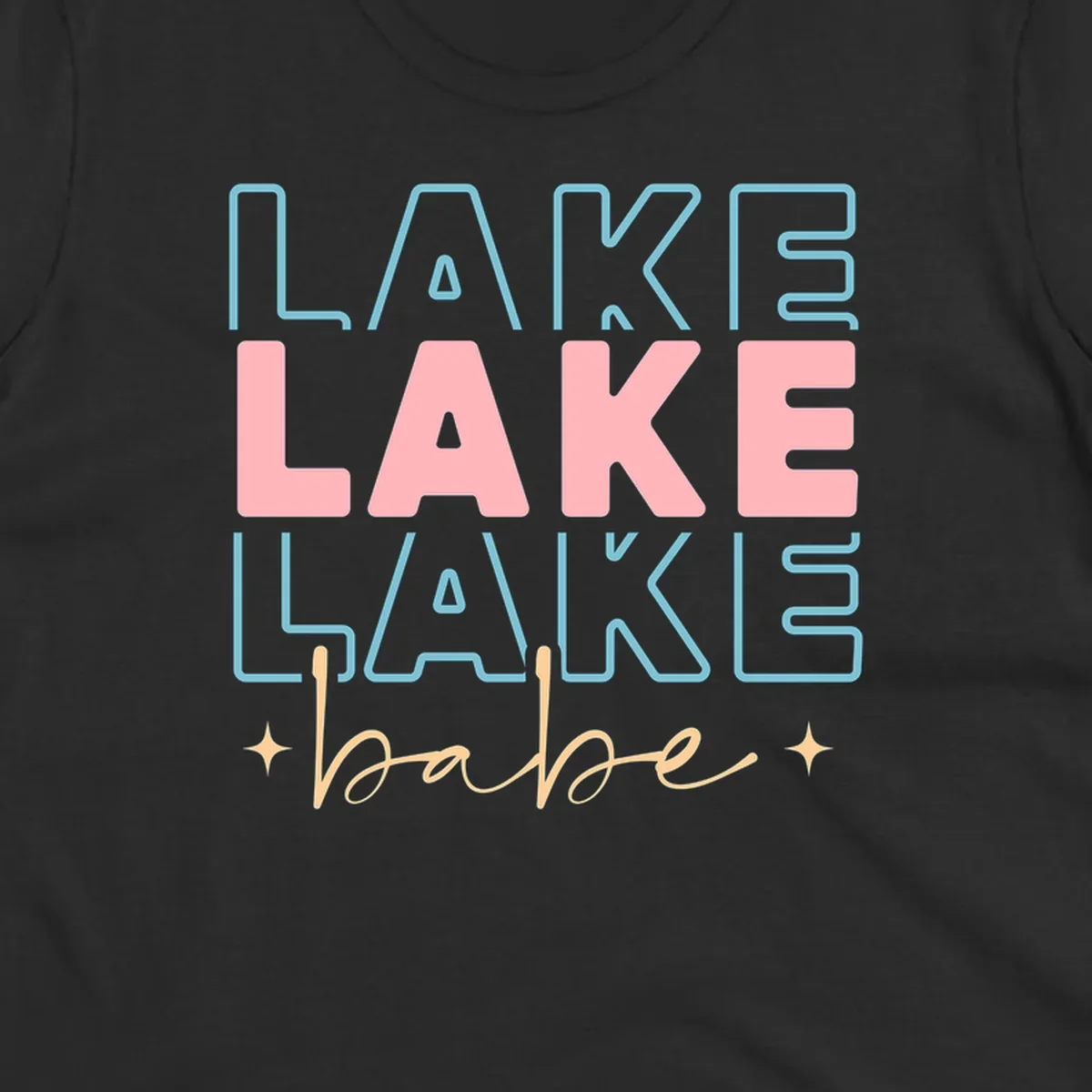 Retro typography design featuring the words LAKE LAKE LAKE and babe, with gold starburst accents.