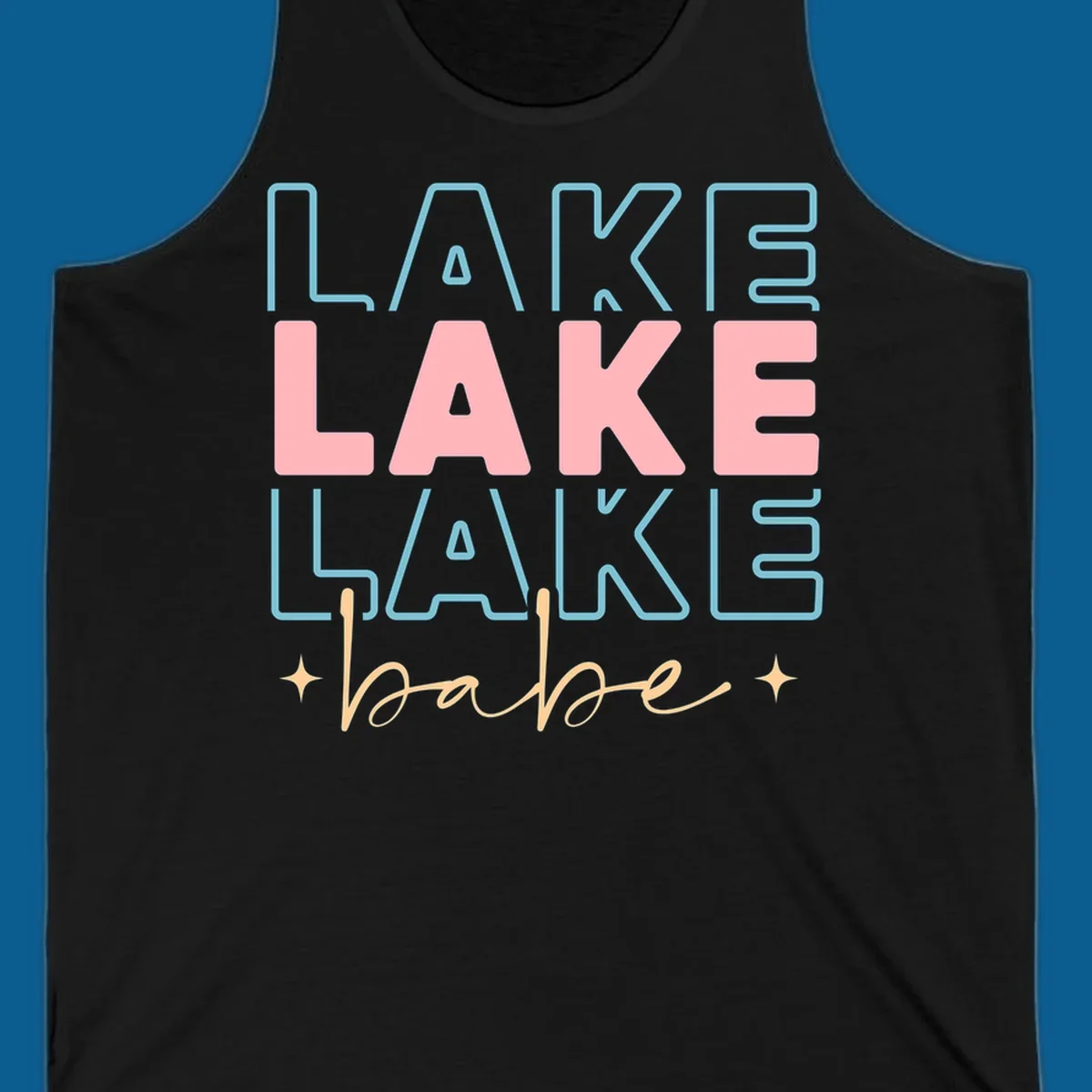 Retro typography design featuring the words LAKE LAKE LAKE and babe, with gold starburst accents.