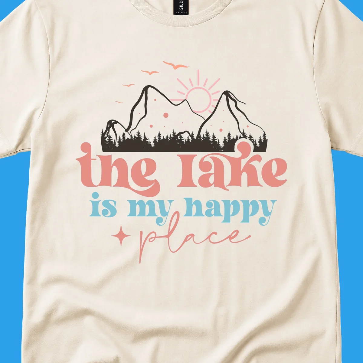 The lake is my happy place mountains sun birds text graphic