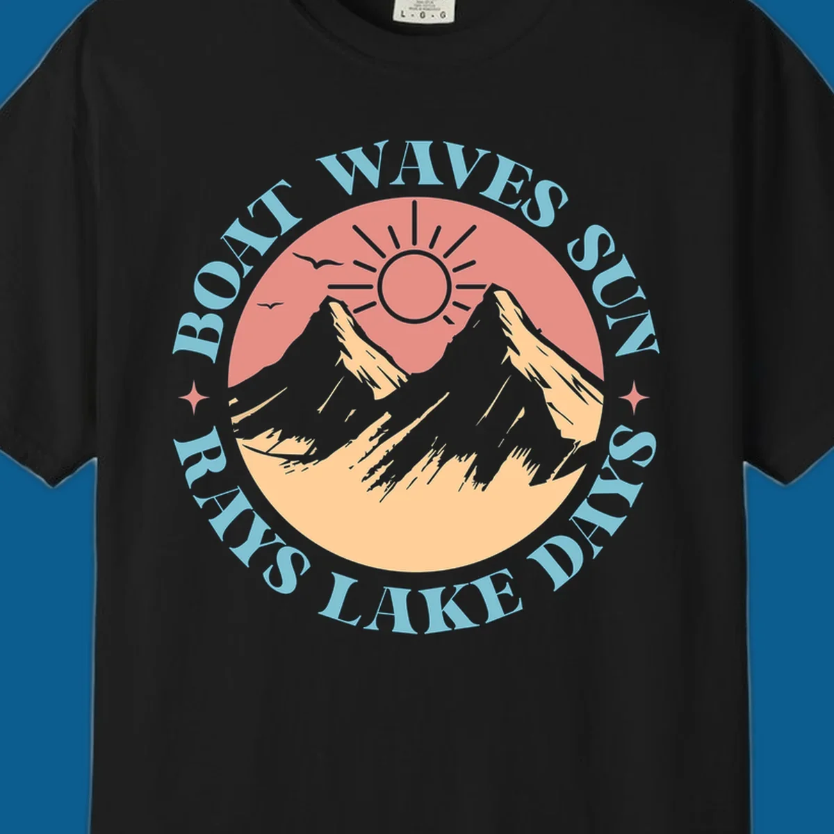Lake days sun rays boat waves circular graphic with mountains and sun.