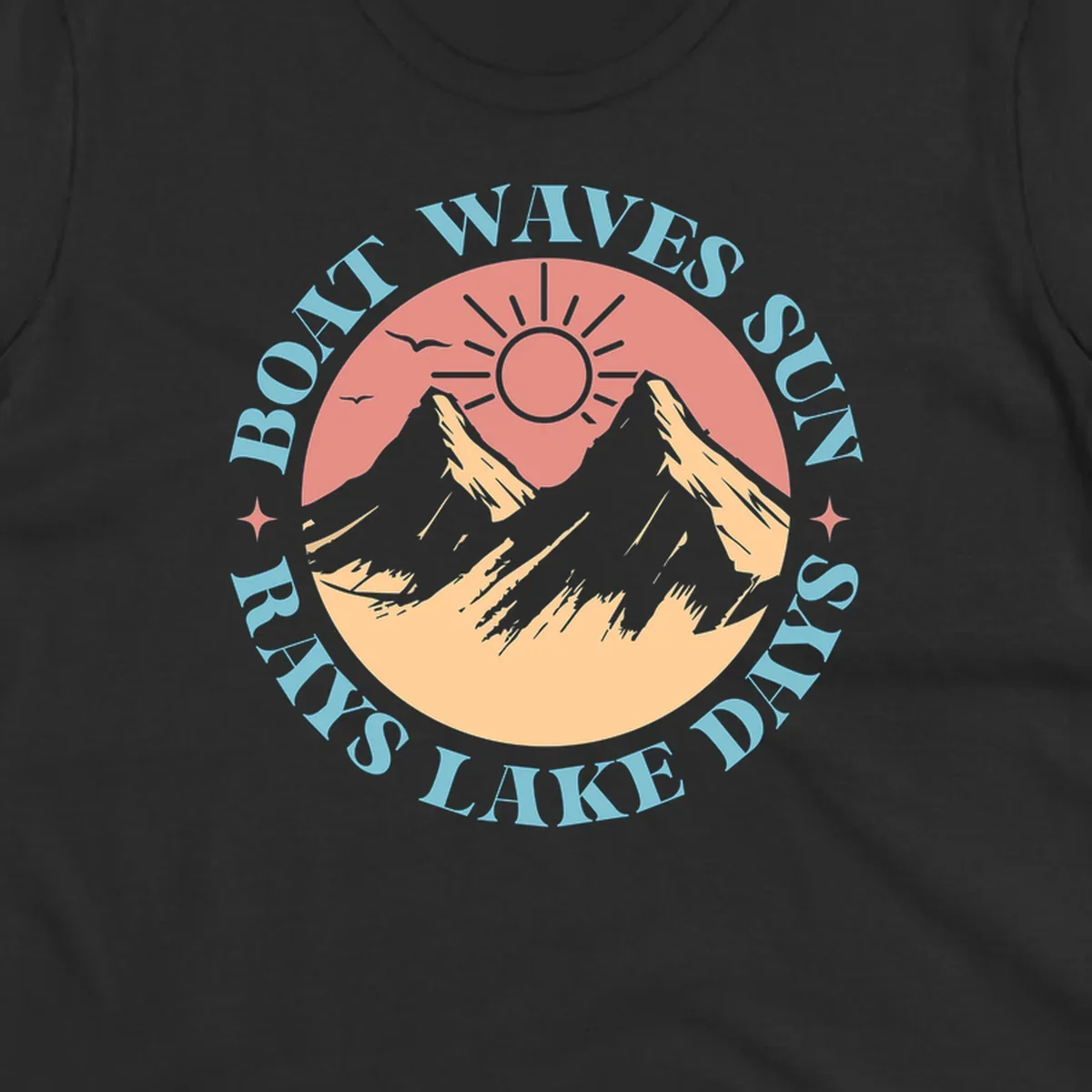Lake days sun rays boat waves circular graphic with mountains and sun.