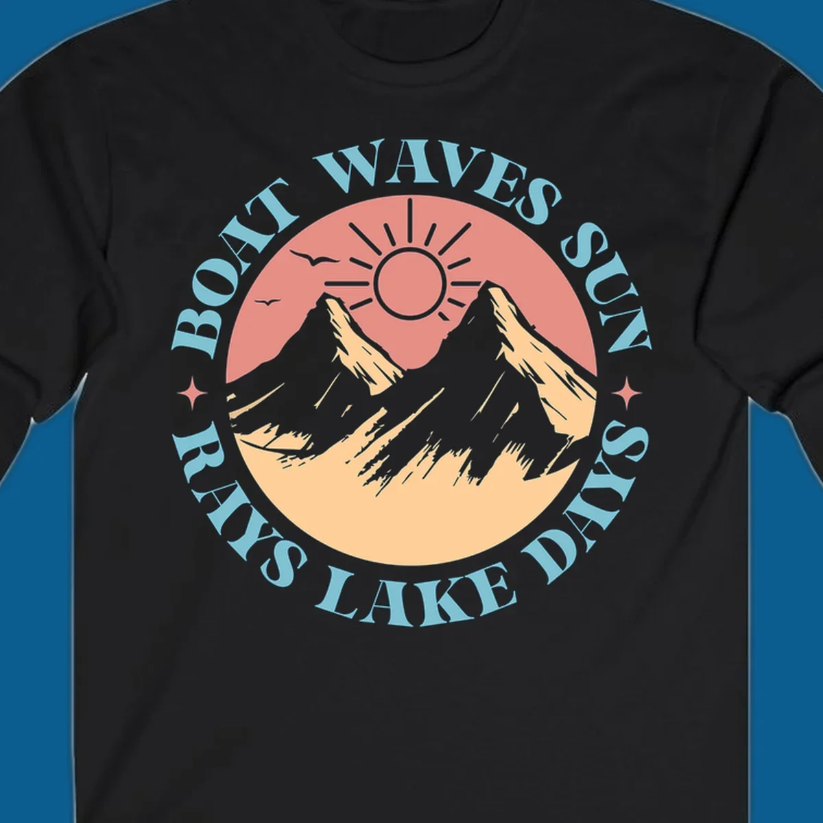 Lake days sun rays boat waves circular graphic with mountains and sun.