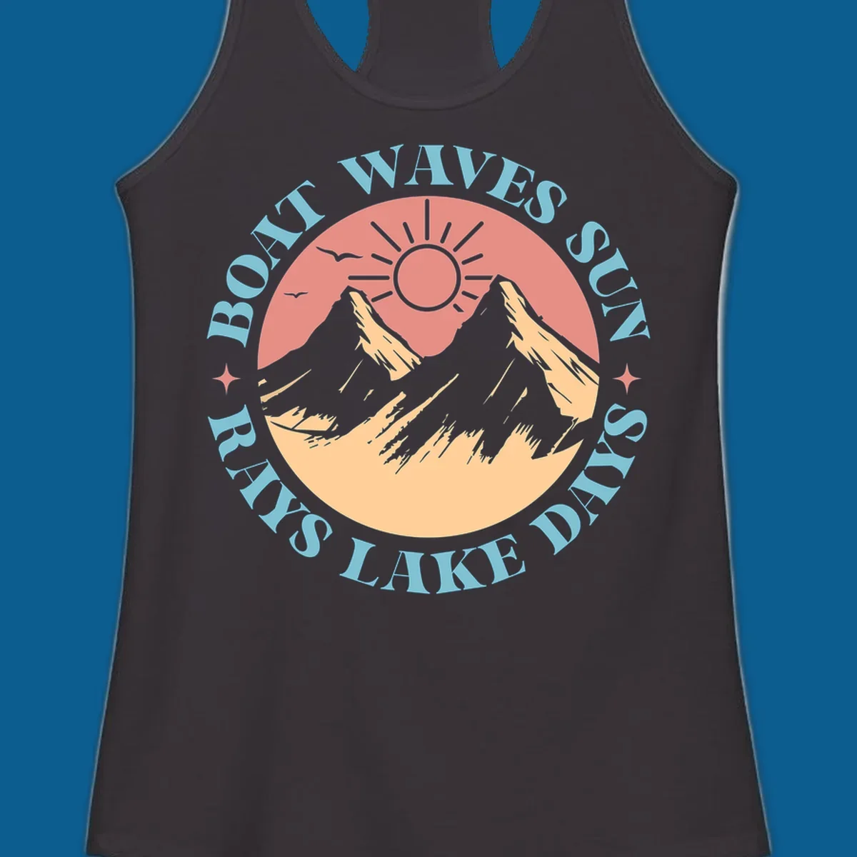 Lake days sun rays boat waves circular graphic with mountains and sun.