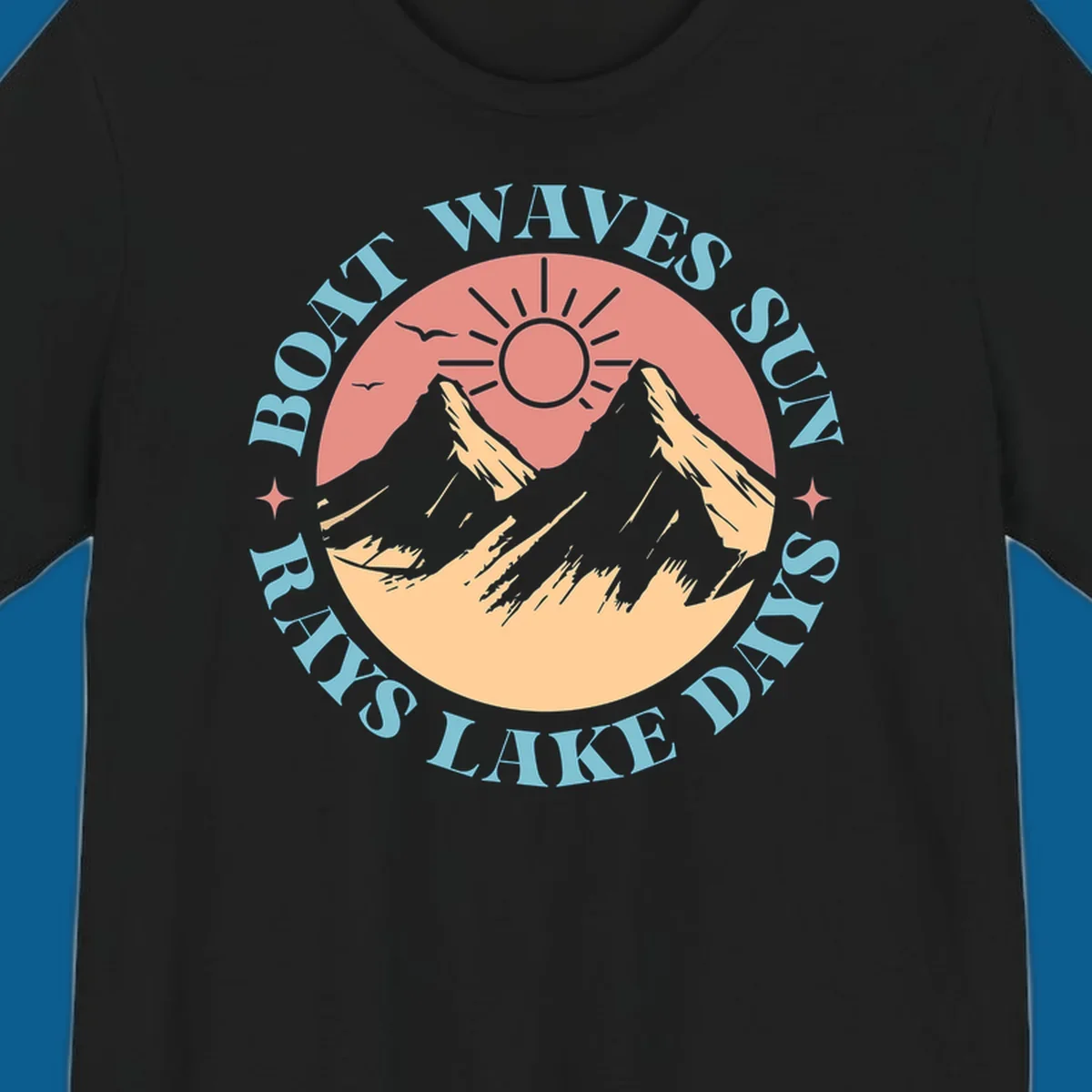 Lake days sun rays boat waves circular graphic with mountains and sun.