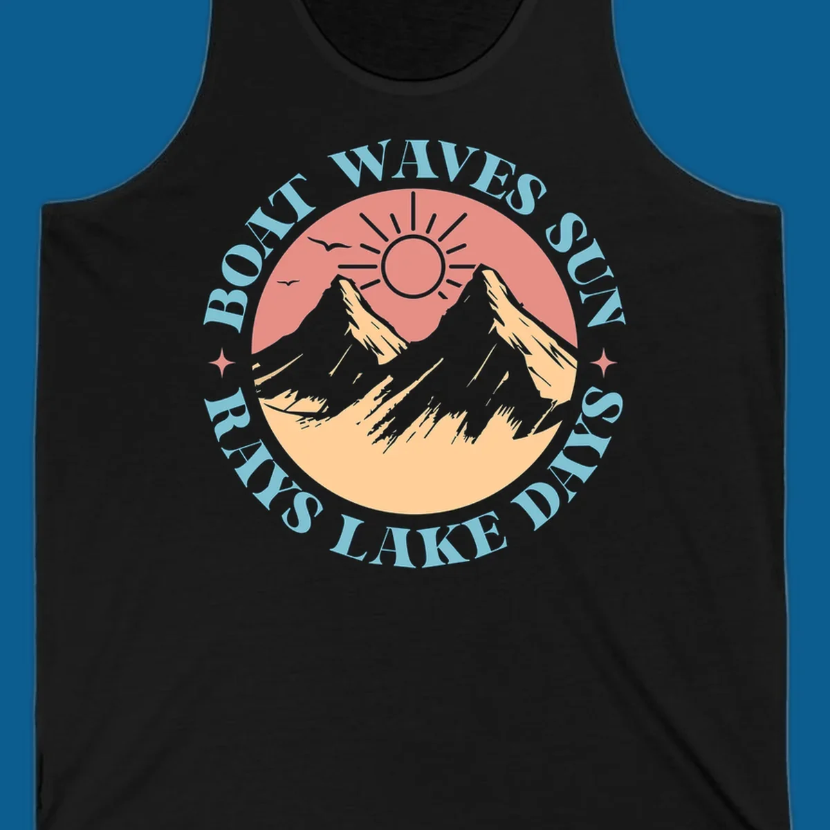 Lake days sun rays boat waves circular graphic with mountains and sun.