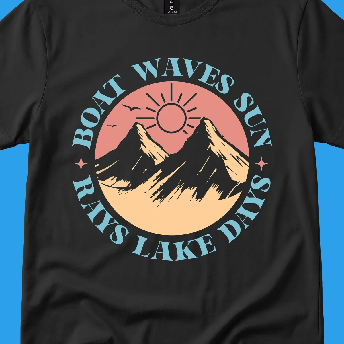Lake days sun rays boat waves circular graphic with mountains and sun.