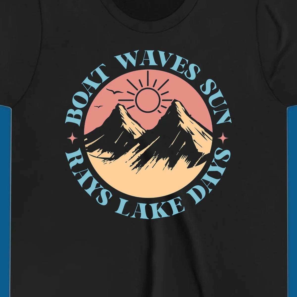 Lake days sun rays boat waves circular graphic with mountains and sun.