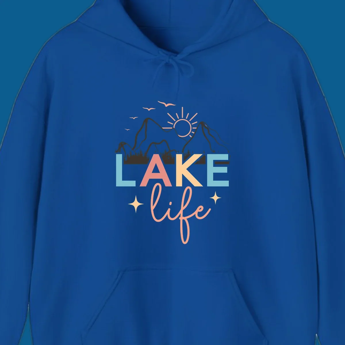 Lake life mountains graphic with colorful text and scenic background.