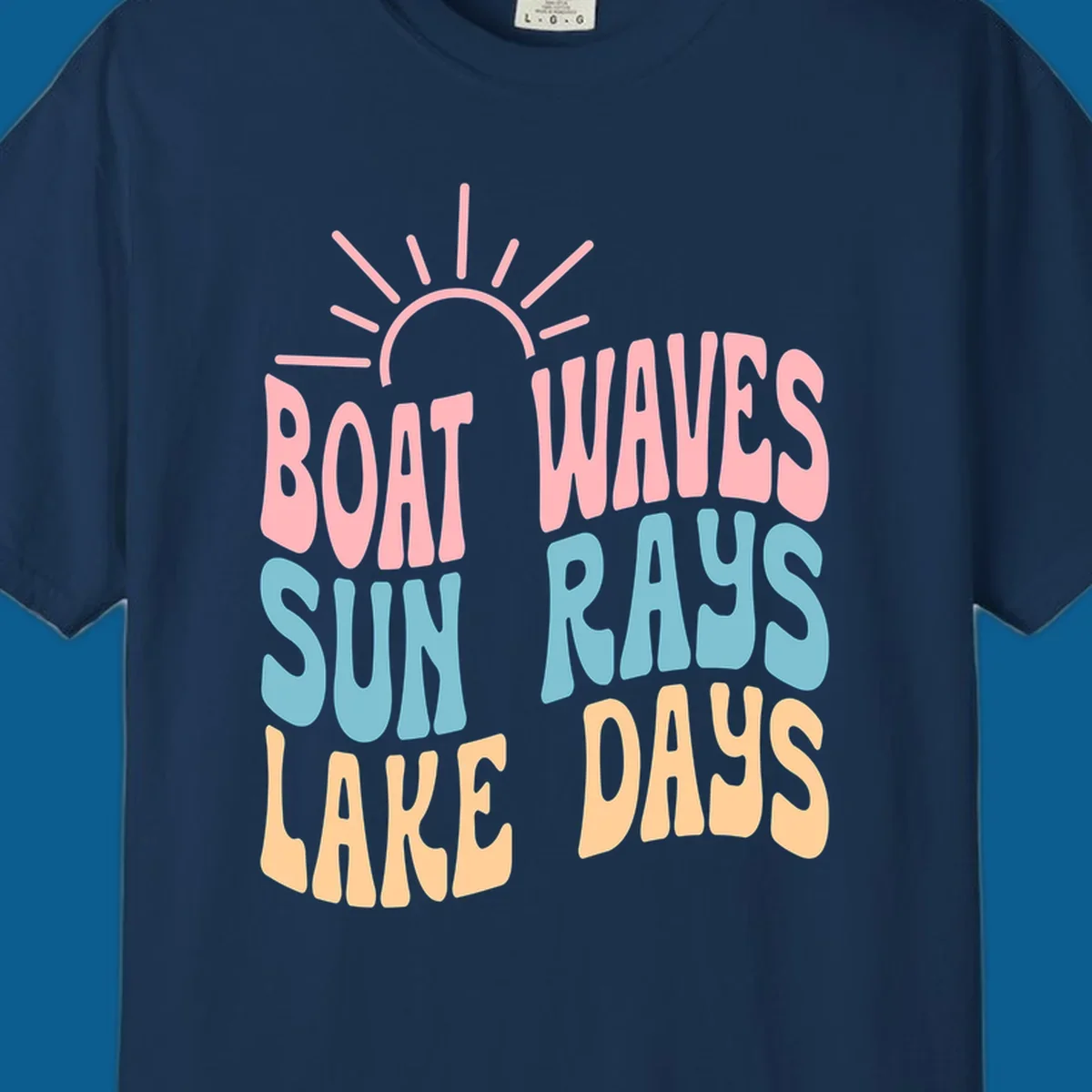 Retro text design featuring 'Boat Waves Sun Rays Lake Days' with sun rays.