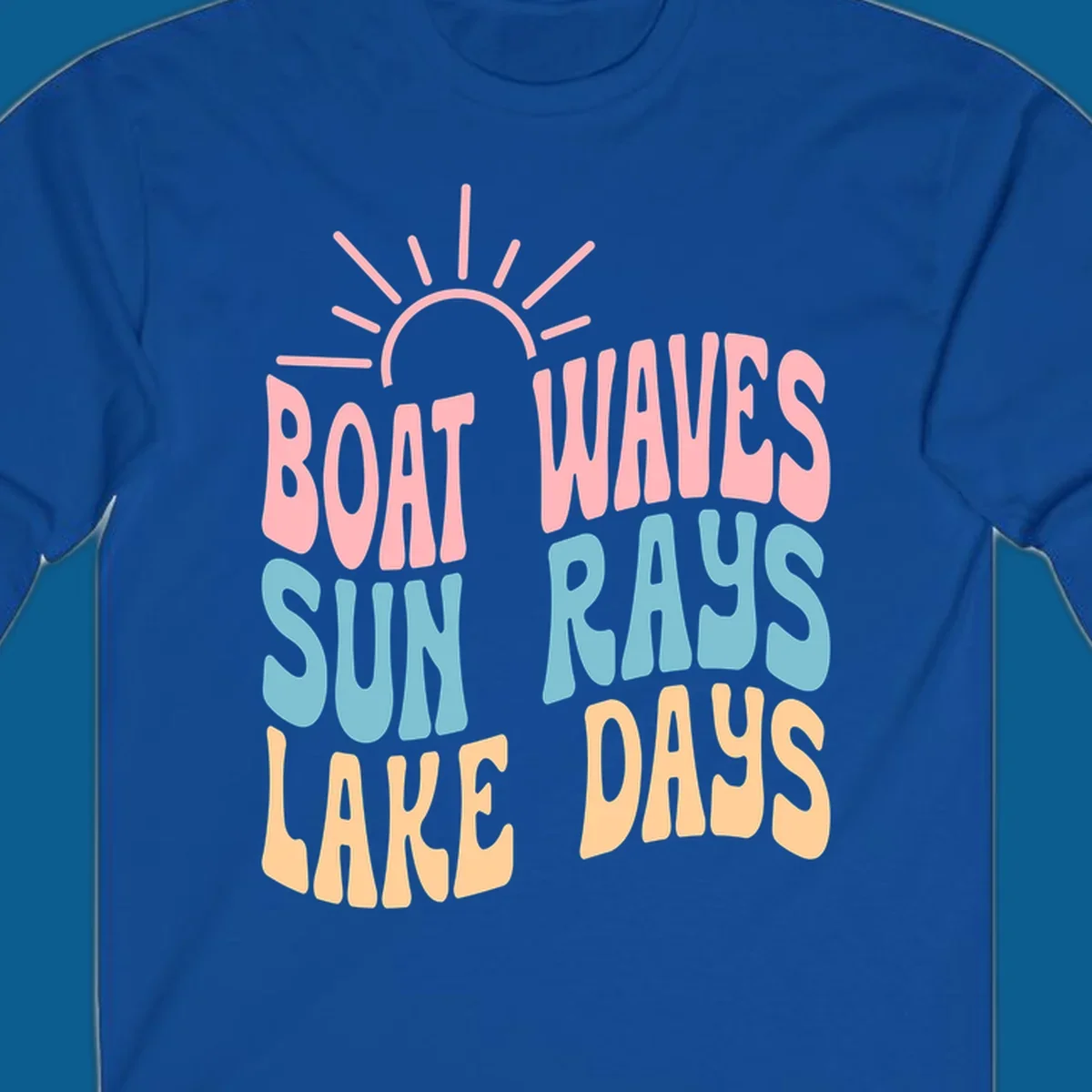 Retro text design featuring 'Boat Waves Sun Rays Lake Days' with sun rays.