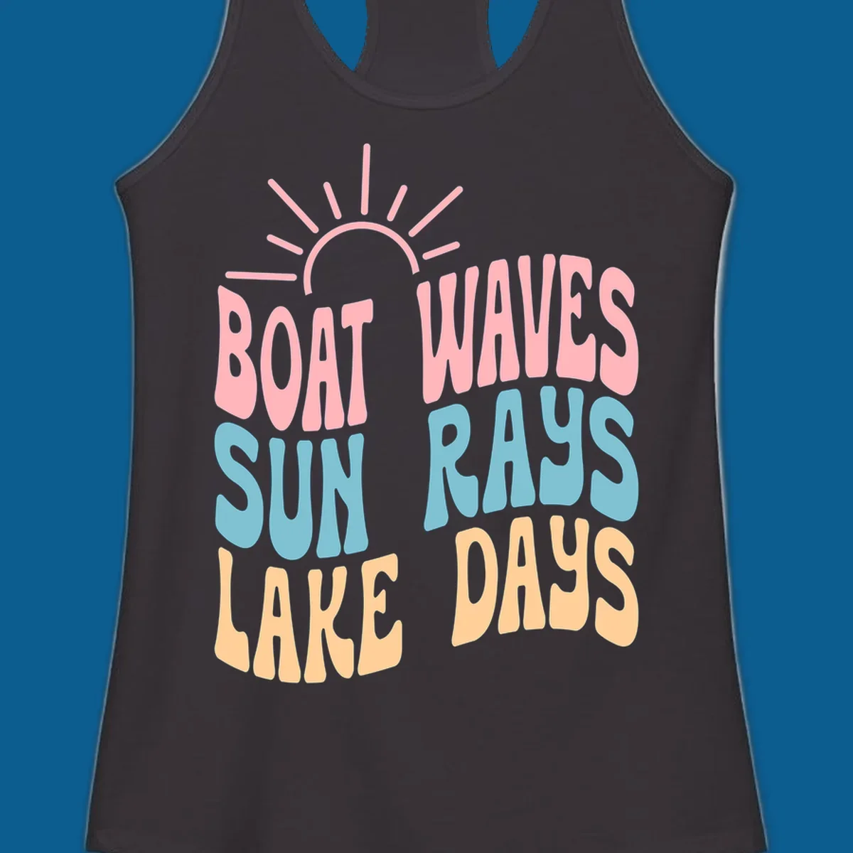 Retro text design featuring 'Boat Waves Sun Rays Lake Days' with sun rays.