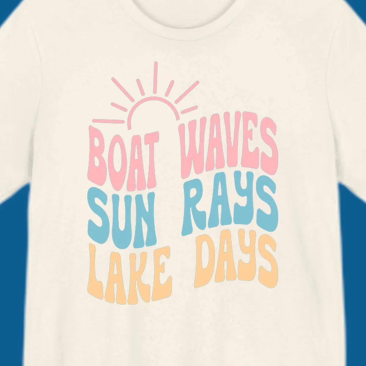Retro text design featuring 'Boat Waves Sun Rays Lake Days' with sun rays.