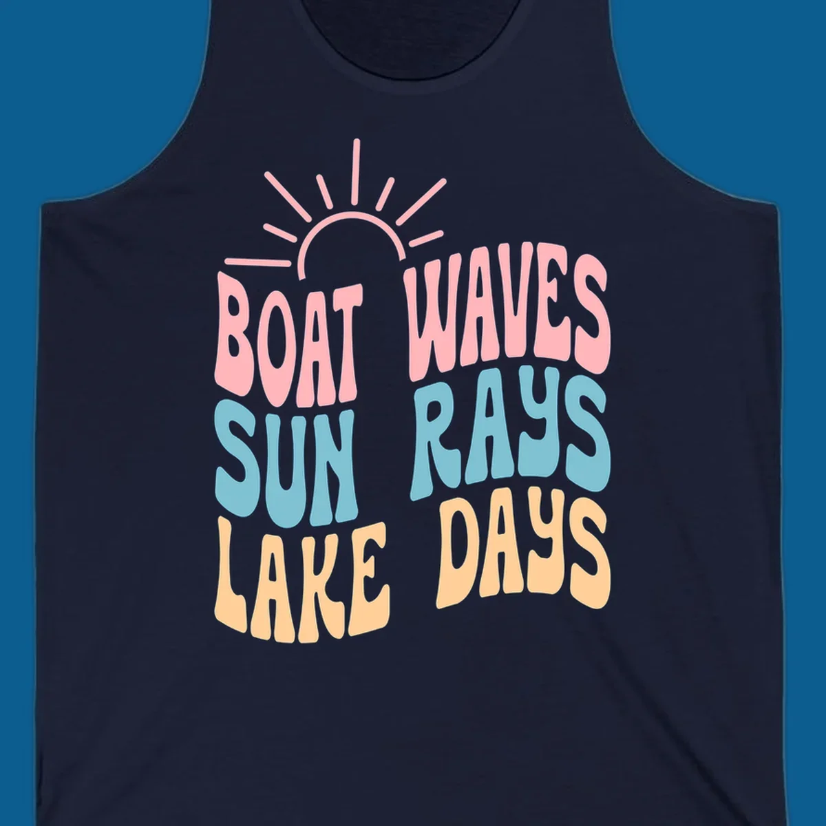 Retro text design featuring 'Boat Waves Sun Rays Lake Days' with sun rays.