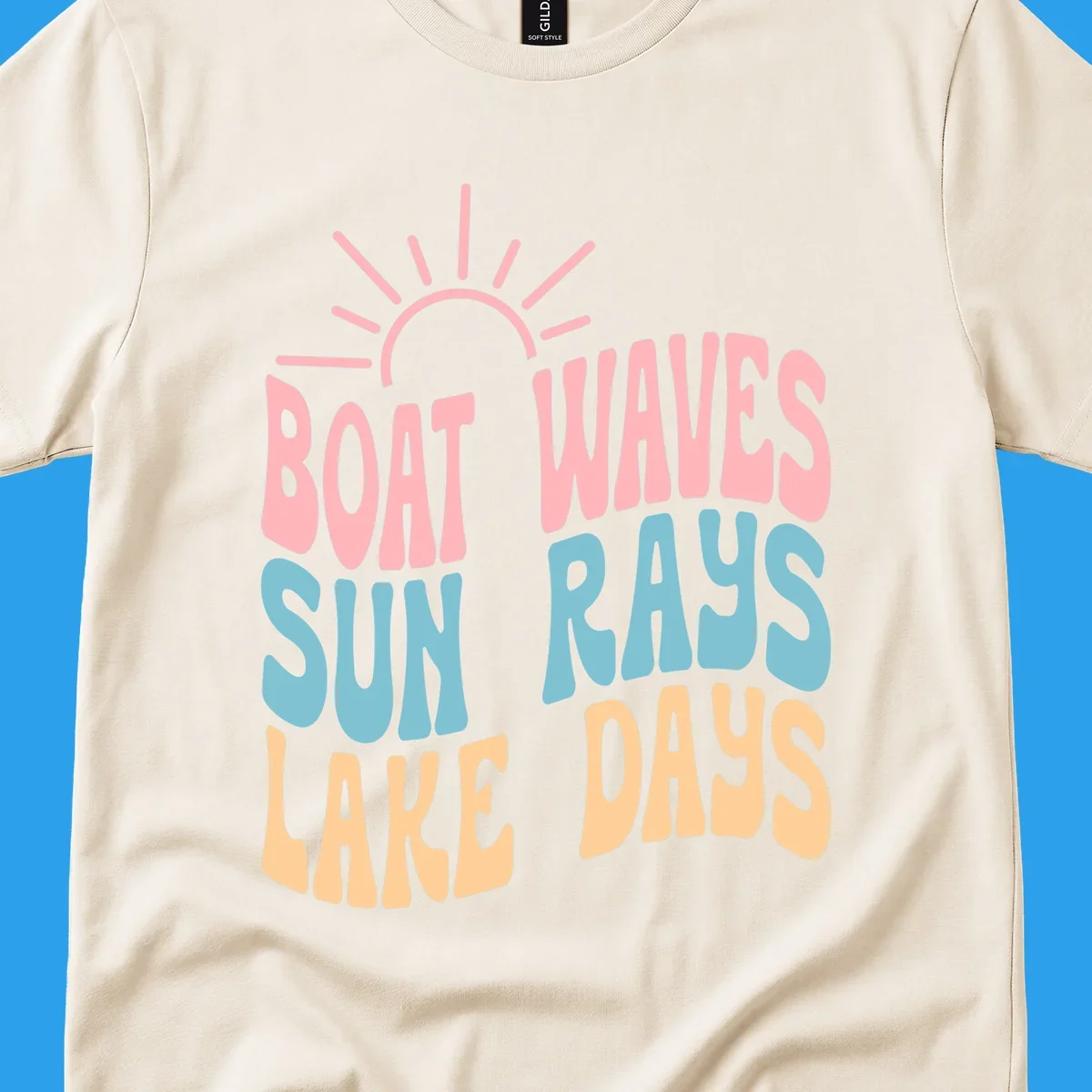 Retro text design featuring 'Boat Waves Sun Rays Lake Days' with sun rays.