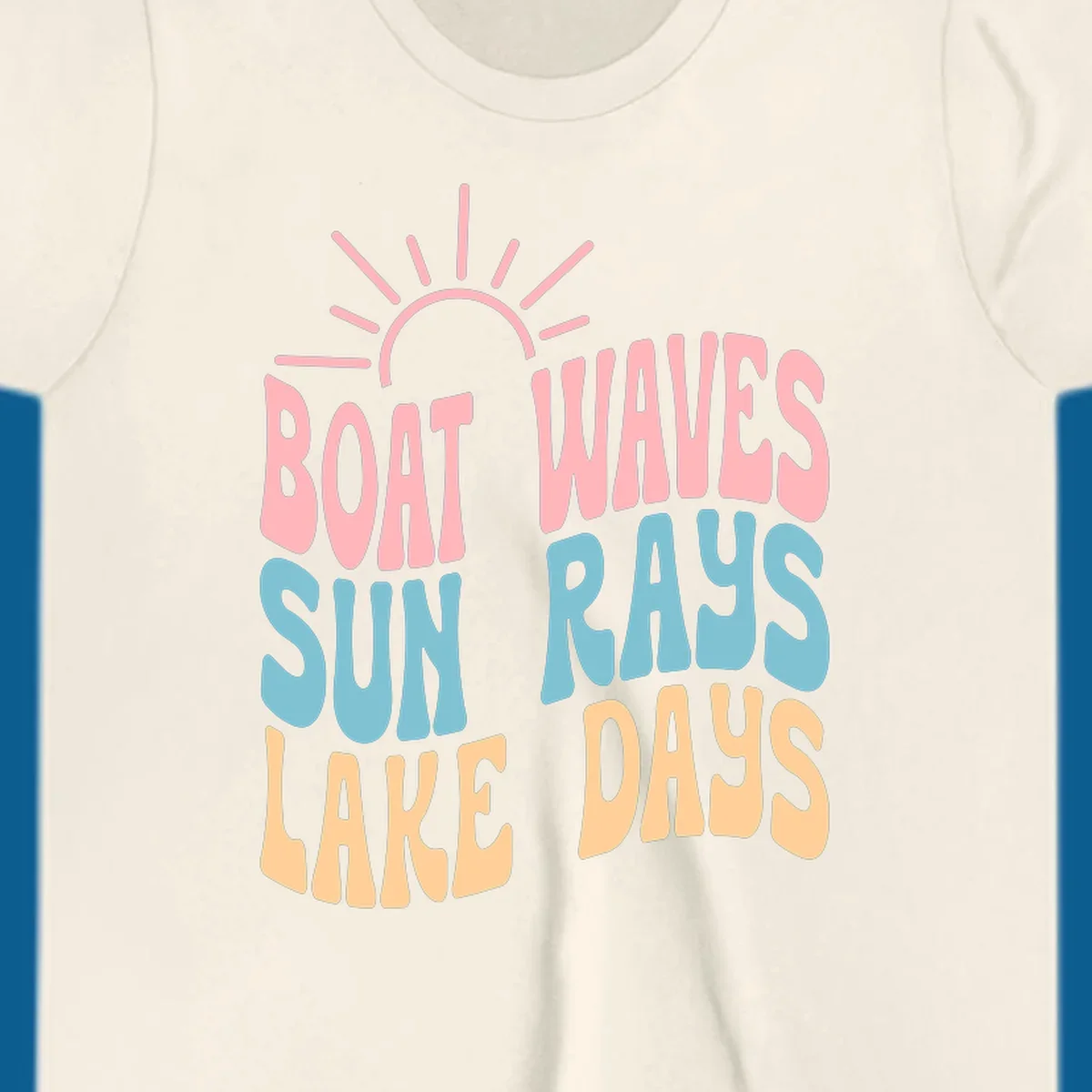 Retro text design featuring 'Boat Waves Sun Rays Lake Days' with sun rays.