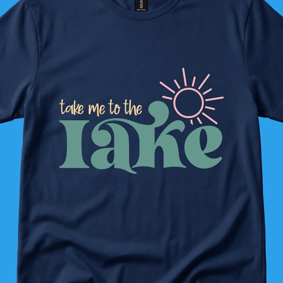 Retro 'take me to the lake' text with a sun graphic, lake life design.