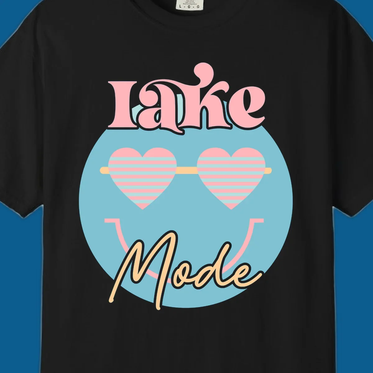 Lake Mode retro smiley face with heart sunglasses graphic