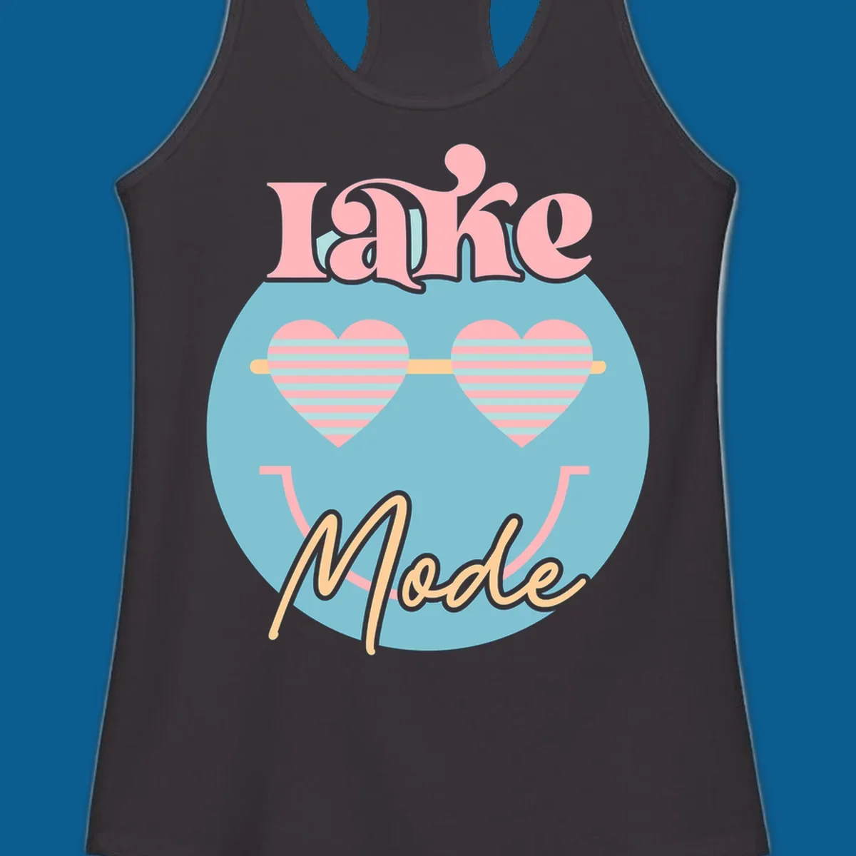 Lake Mode retro smiley face with heart sunglasses graphic