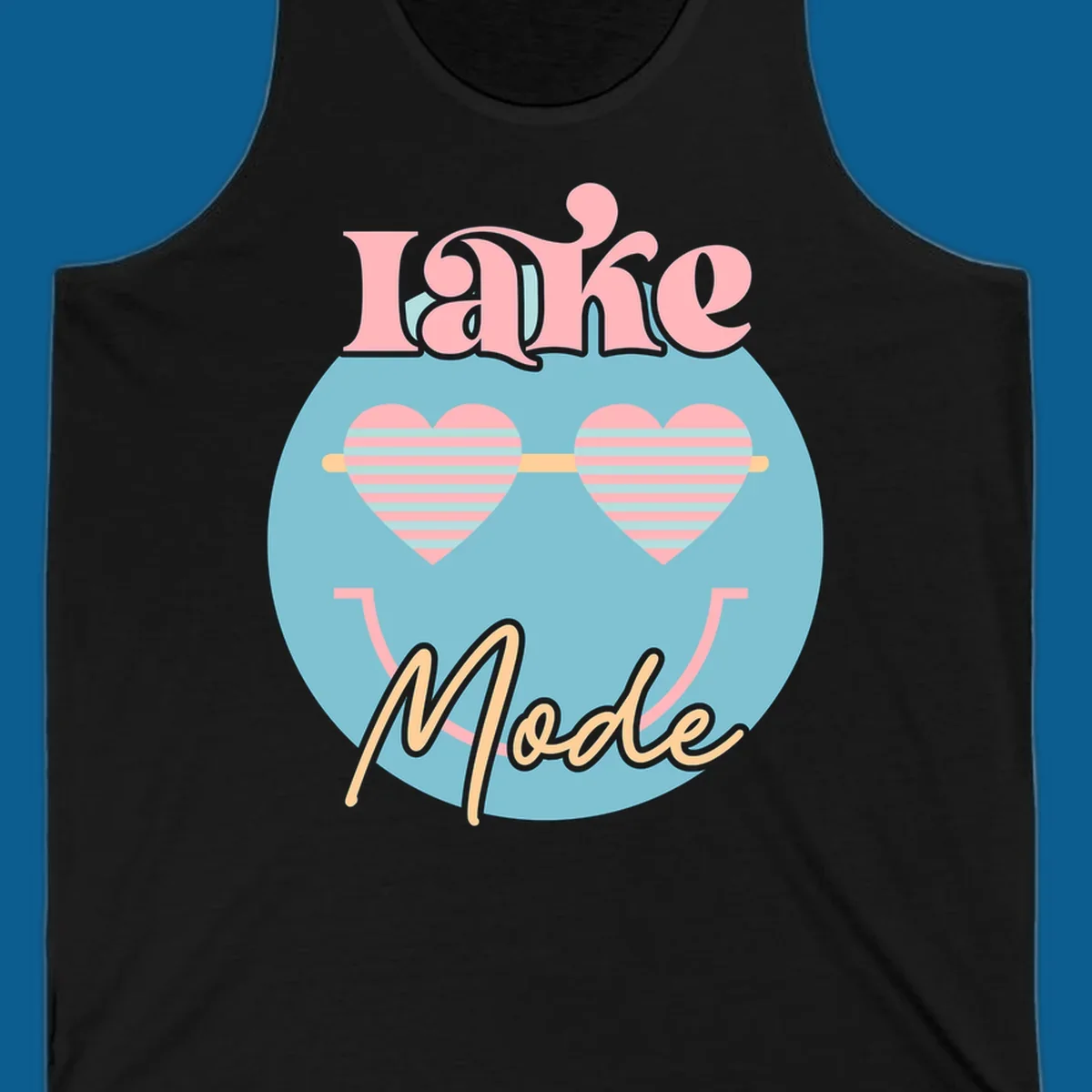 Lake Mode retro smiley face with heart sunglasses graphic
