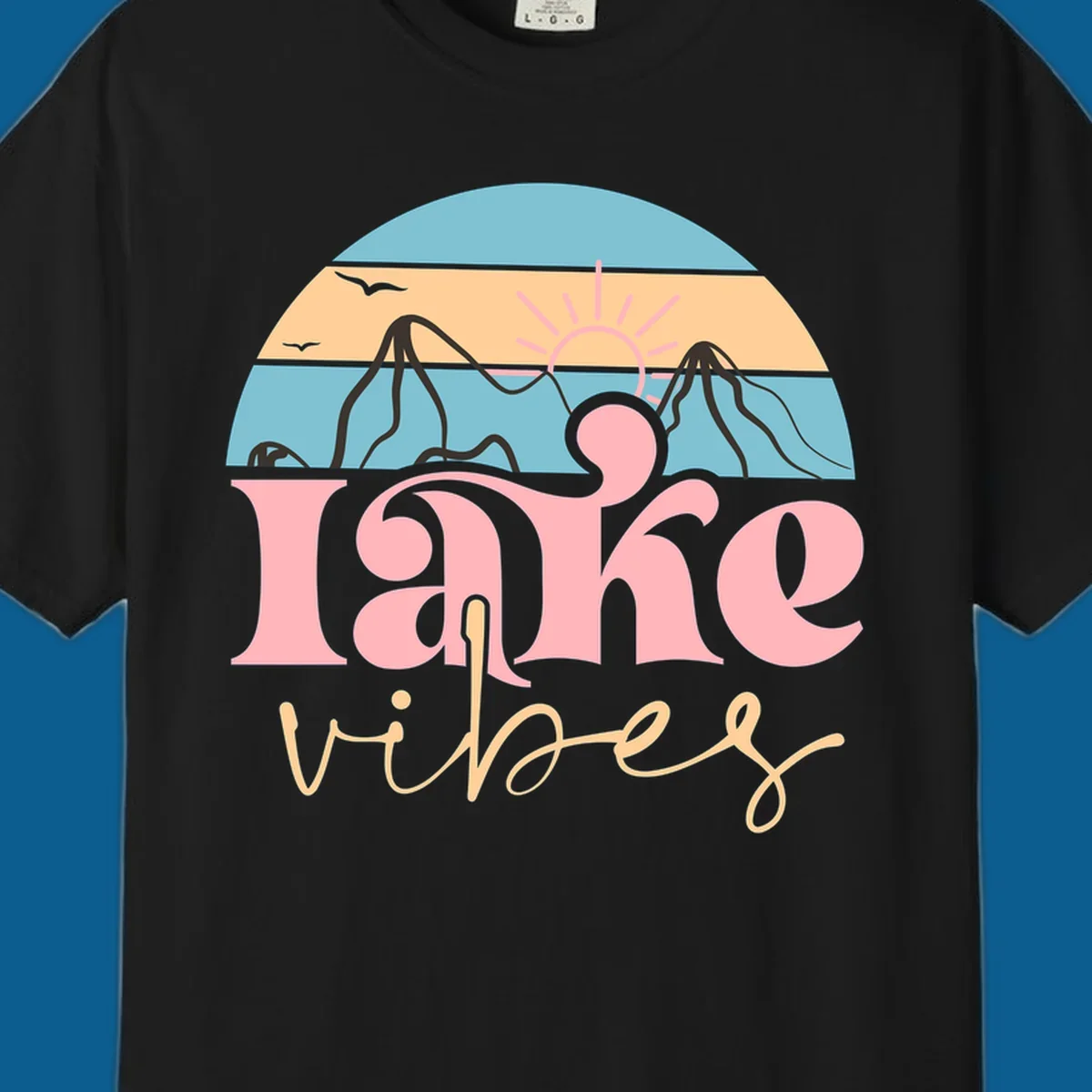Retro lake vibes design with sunset, mountains, and birds. lake-vibes-retro
