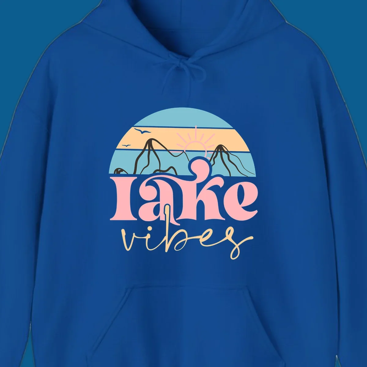 Retro lake vibes design with sunset, mountains, and birds. lake-vibes-retro