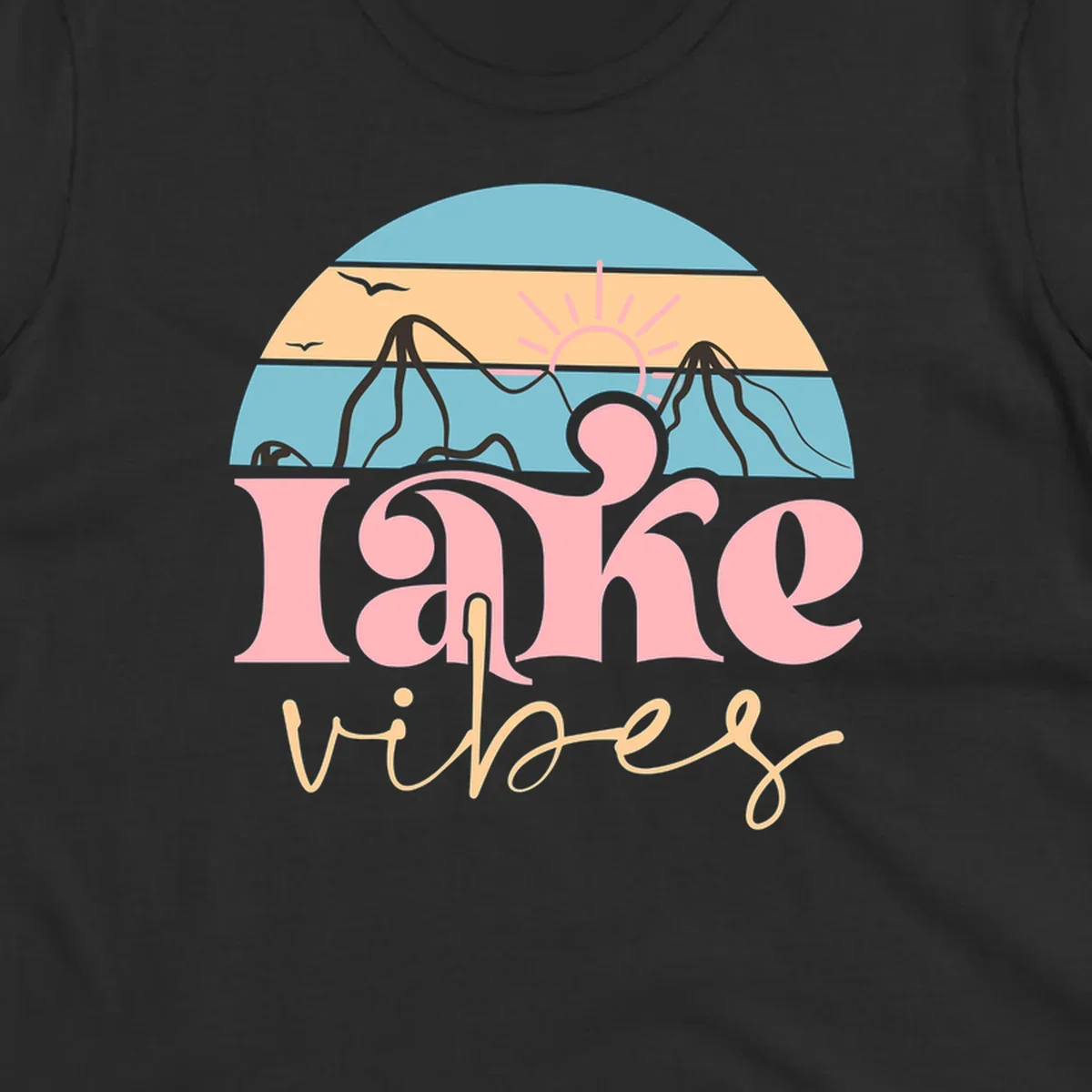 Retro lake vibes design with sunset, mountains, and birds. lake-vibes-retro