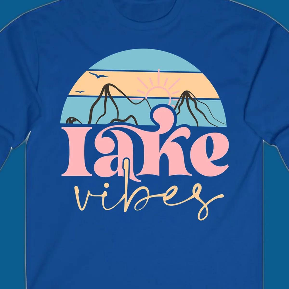 Retro lake vibes design with sunset, mountains, and birds. lake-vibes-retro