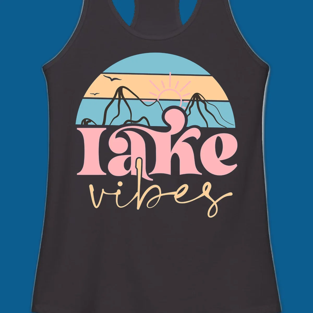 Retro lake vibes design with sunset, mountains, and birds. lake-vibes-retro