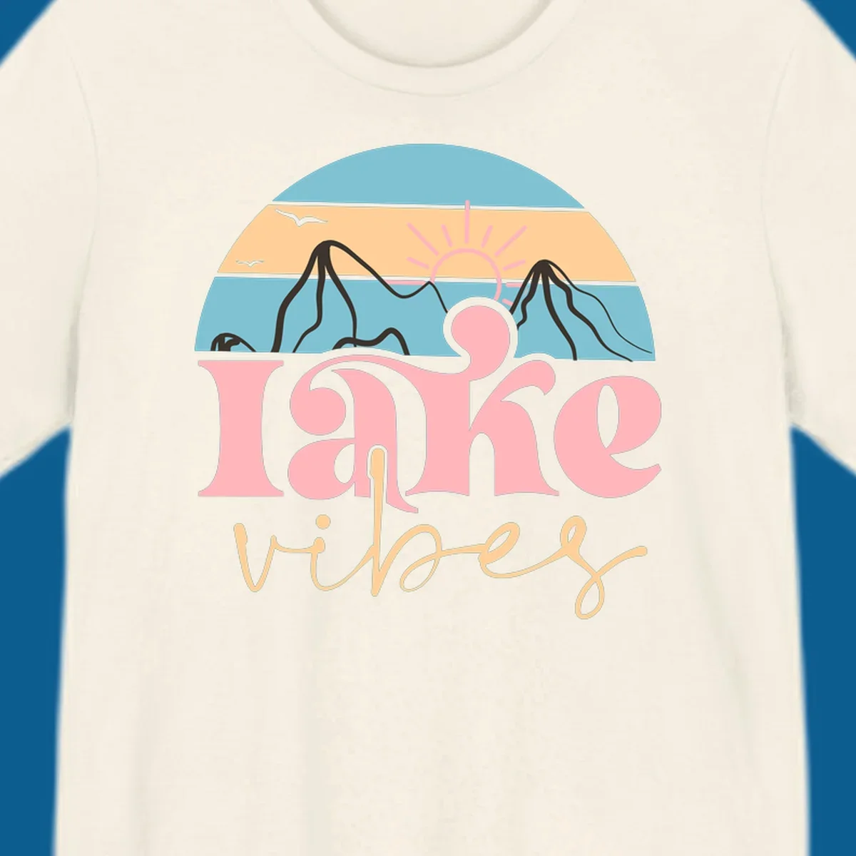 Retro lake vibes design with sunset, mountains, and birds. lake-vibes-retro