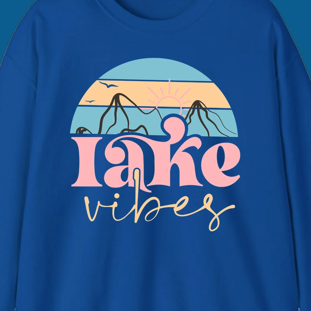 Retro lake vibes design with sunset, mountains, and birds. lake-vibes-retro