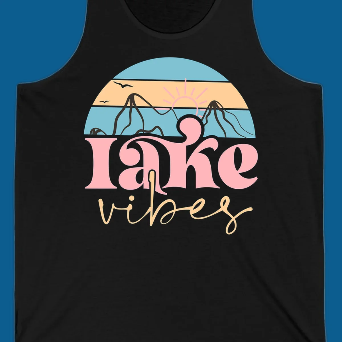 Retro lake vibes design with sunset, mountains, and birds. lake-vibes-retro