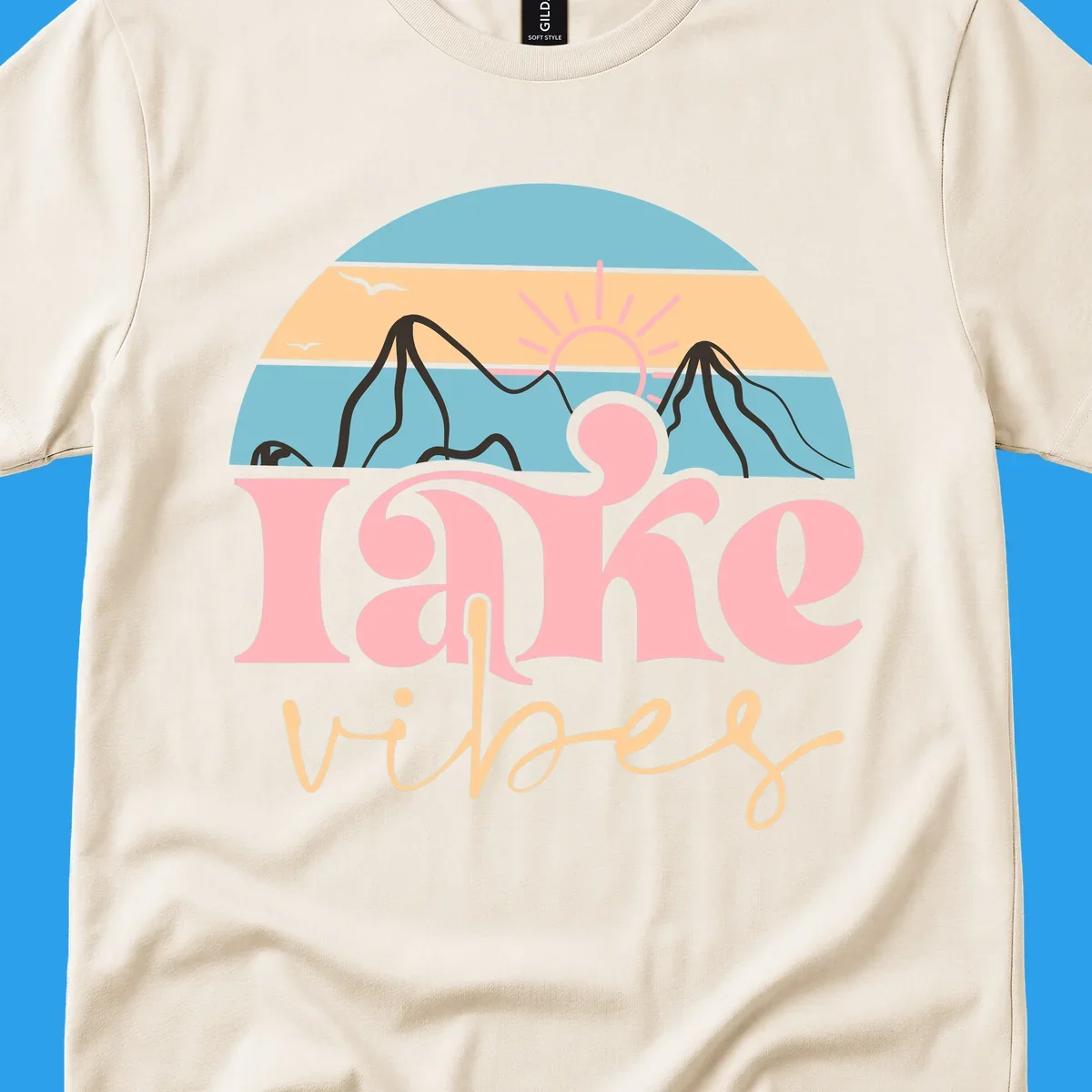 Retro lake vibes design with sunset, mountains, and birds. lake-vibes-retro