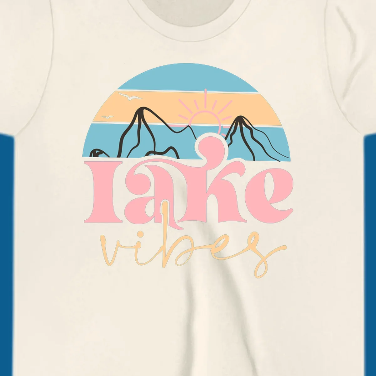 Retro lake vibes design with sunset, mountains, and birds. lake-vibes-retro